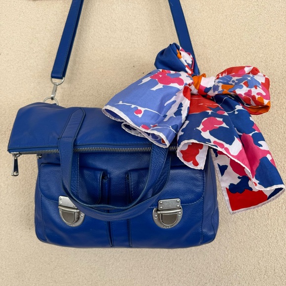 Fossil💙Riley Leather Large Fold Over Crossbody Satchel/Tote Bag w/Bow Scarf - Picture 3 of 15